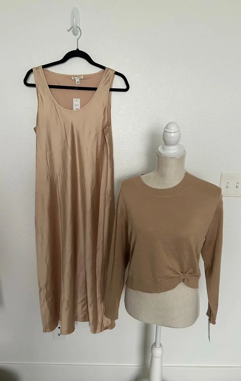 Tash + Sophie Minimalist ChampagneNeutral Slip Dress and Sweater Dress Set - M